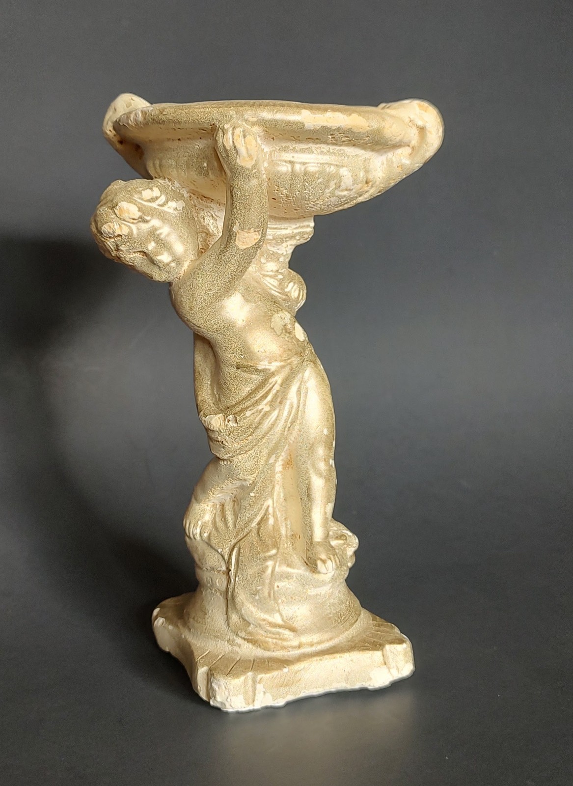 Vintage Chalkware Cherub with Pedestal Bowl Statue 1940s Shabby Chic 8.5 inches