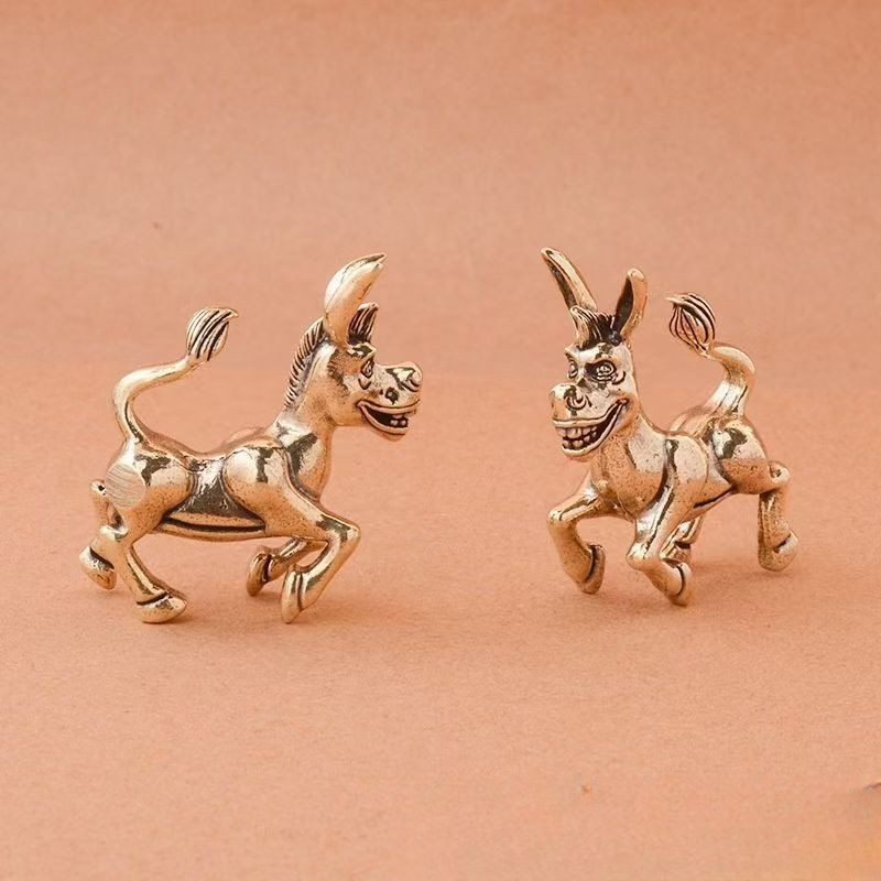 2pcs Vintage Brass Donkey Figurine Shrek Character Mini Statue Desk Ornament