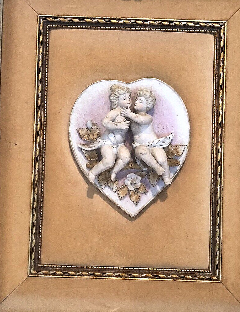 VTG Porcelain Bisque Heart Sculpture Wall Hanging on Velvet (2) Angels Framed 3D