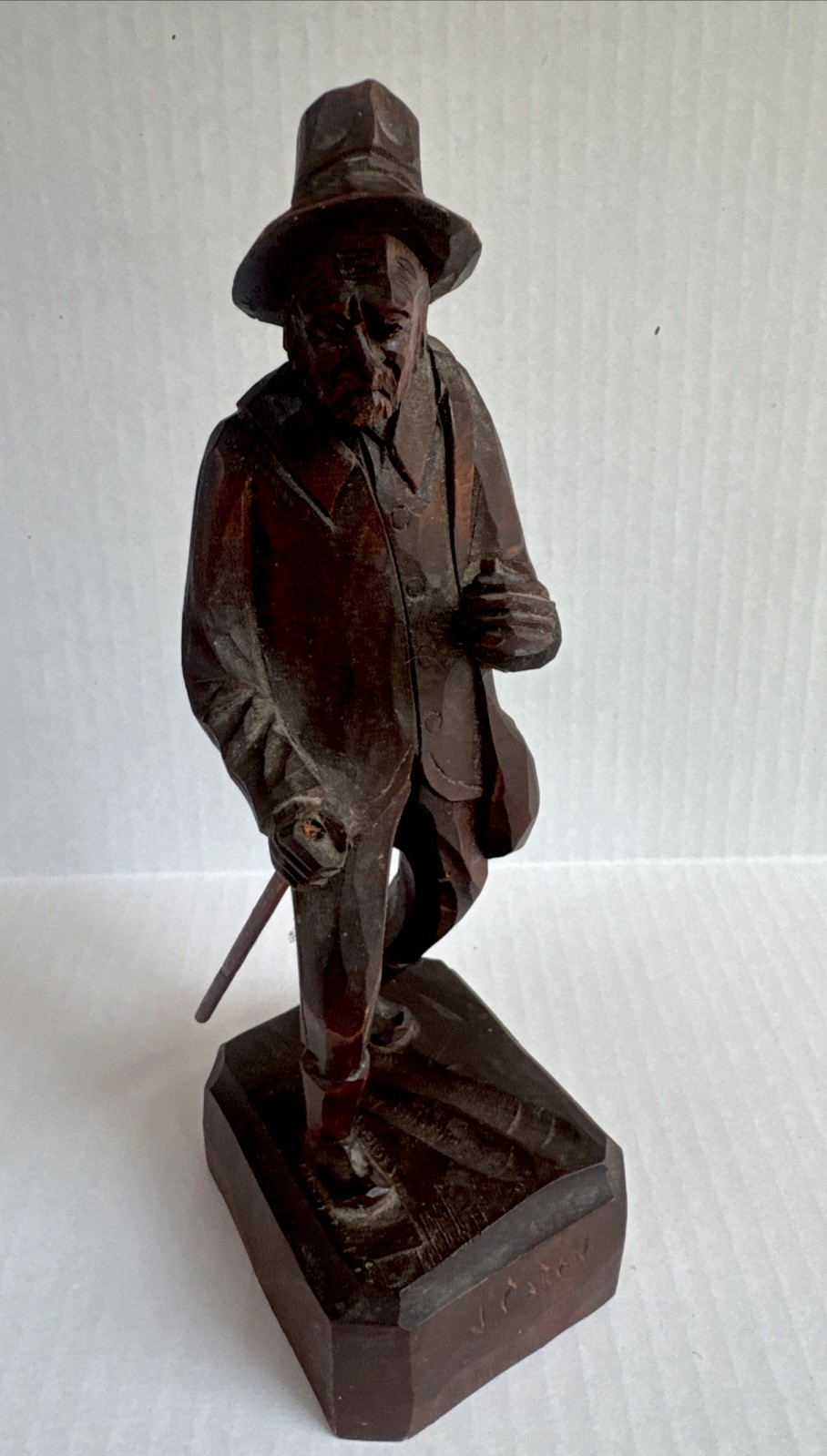 Vintage Quebec Folk Art Wood Carving – Signed J. Caron – 9” Traveler
