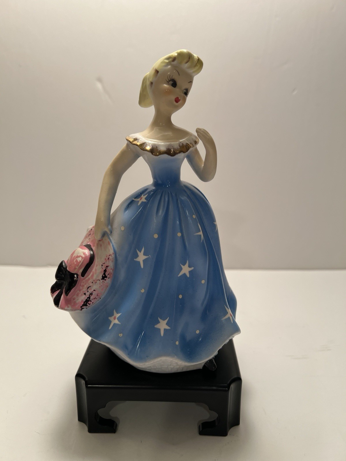 Josef Originals Planter Lady Blue Dress W/Stars & Pink Hat Gold Sticker EUC