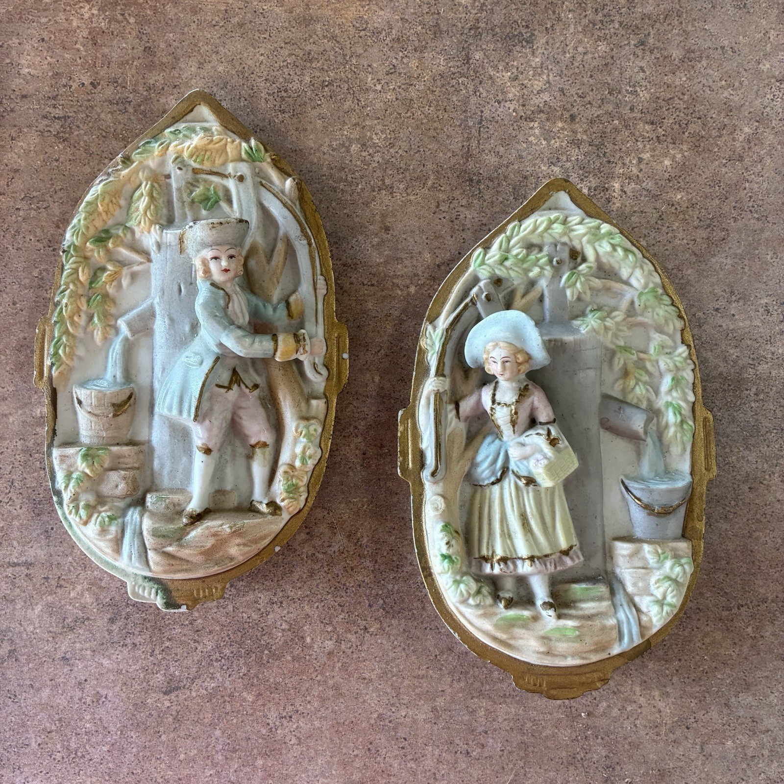 Set Of 2 Vintage Porcelain 3D Relief Victorian Man & Woman Wall Plaques