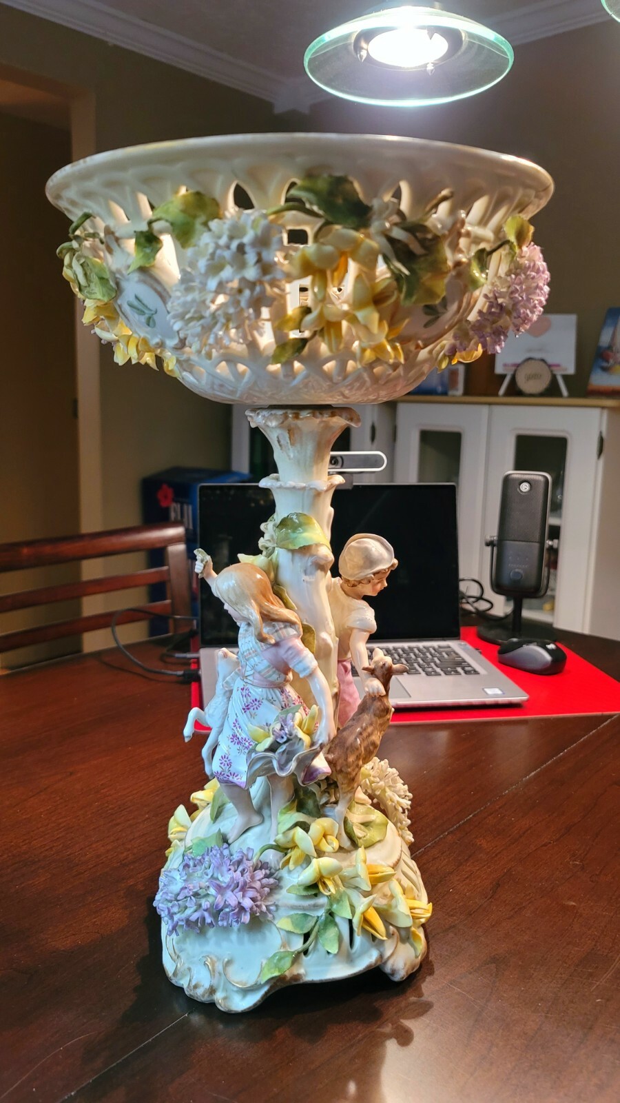 DECORATIVE CENTERPIECE INTRICATE DETAILED FIGURINE PEDESTAL BOWL EUROPE PRE-WWII