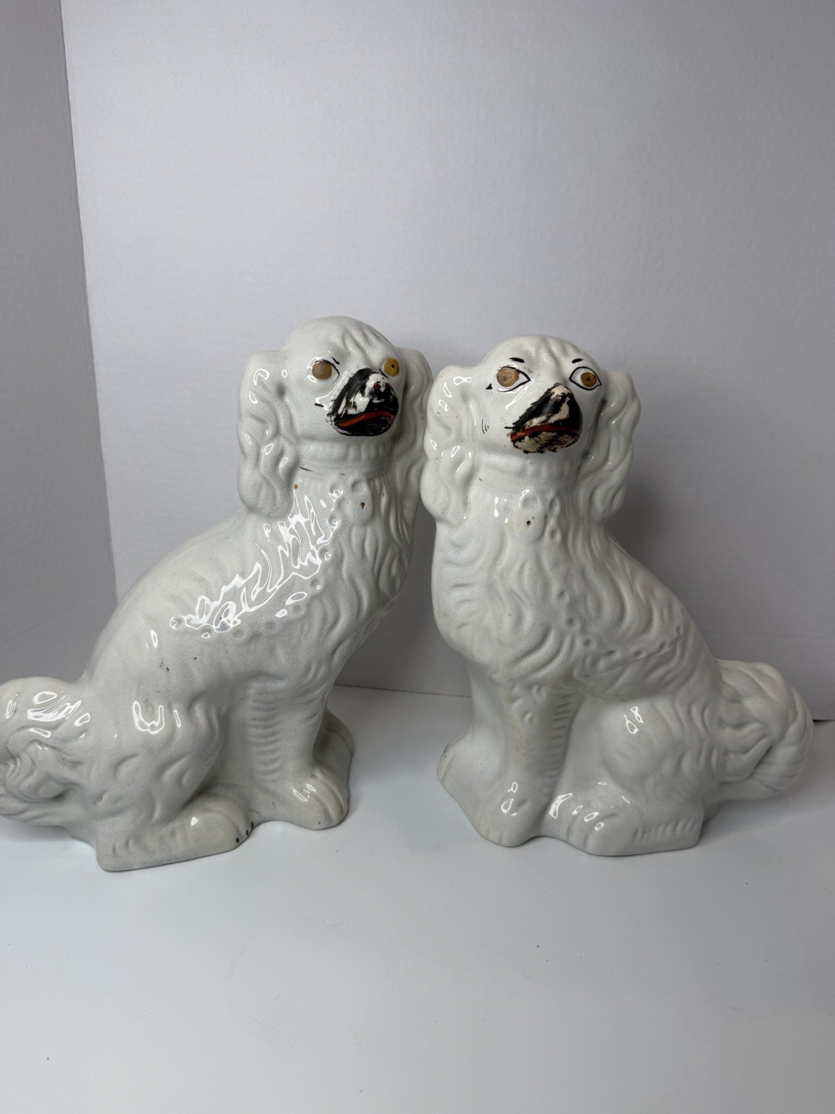 Pair of Antique Staffordshire White Spaniel Mantel Dogs 19th Century 11 Inch H
