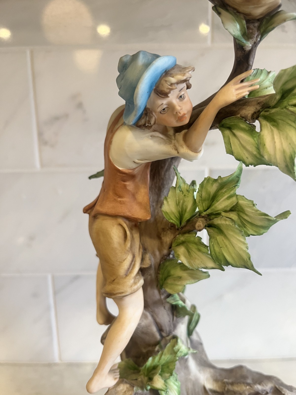 Italian Porcelain Figurine Boy Tree Wolf Capodimonte Style Large Ethan Allen
