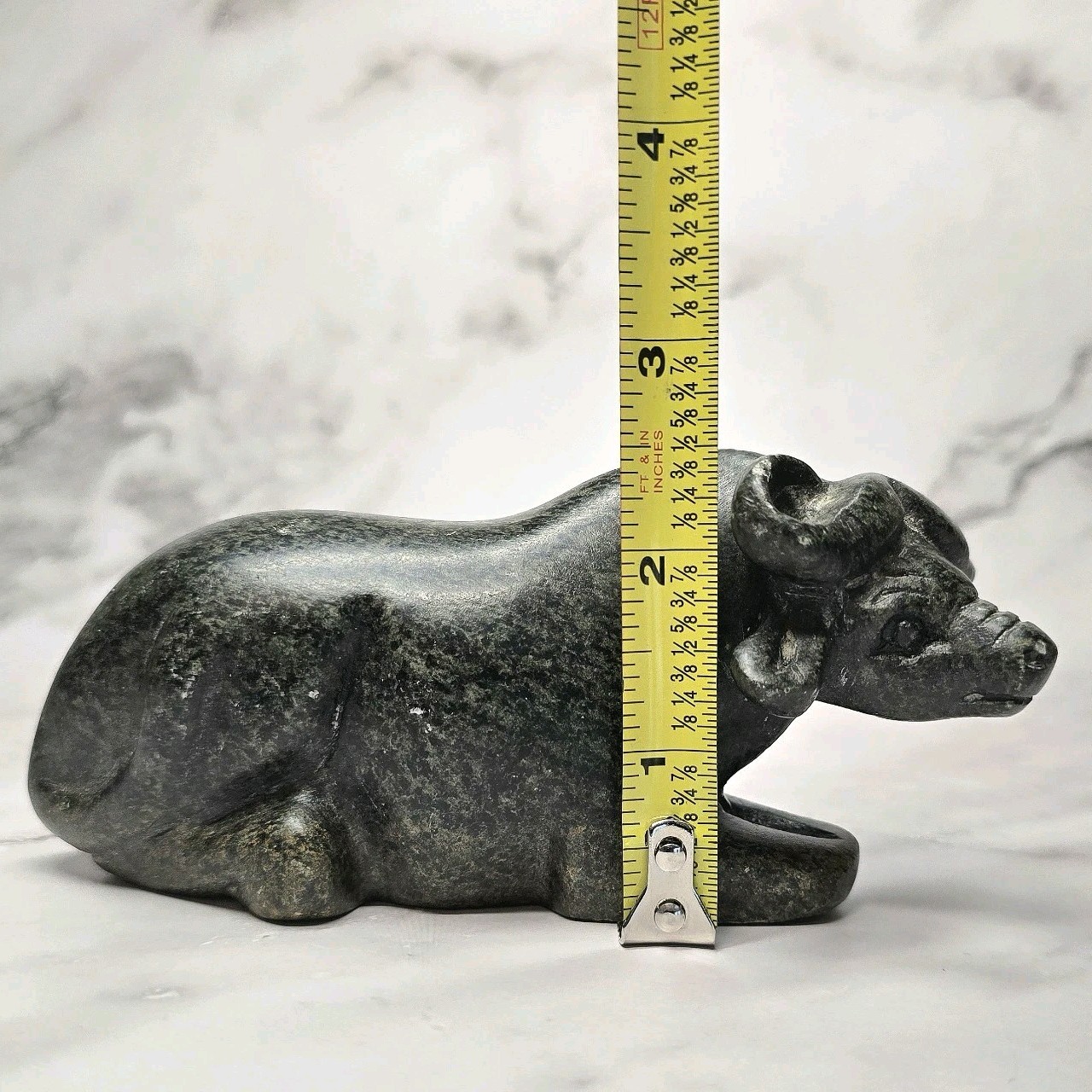Vintage Inuit Style Hand Carved Dark Grey Soapstone Oxen Figurine 1 lb 5.5″ Long