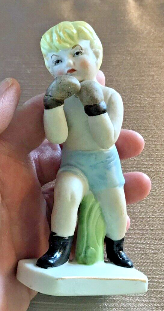 Vintage Boxing Boys Figurine Pair Bisque Porcelain 5″ Japan “Fine A Quality”