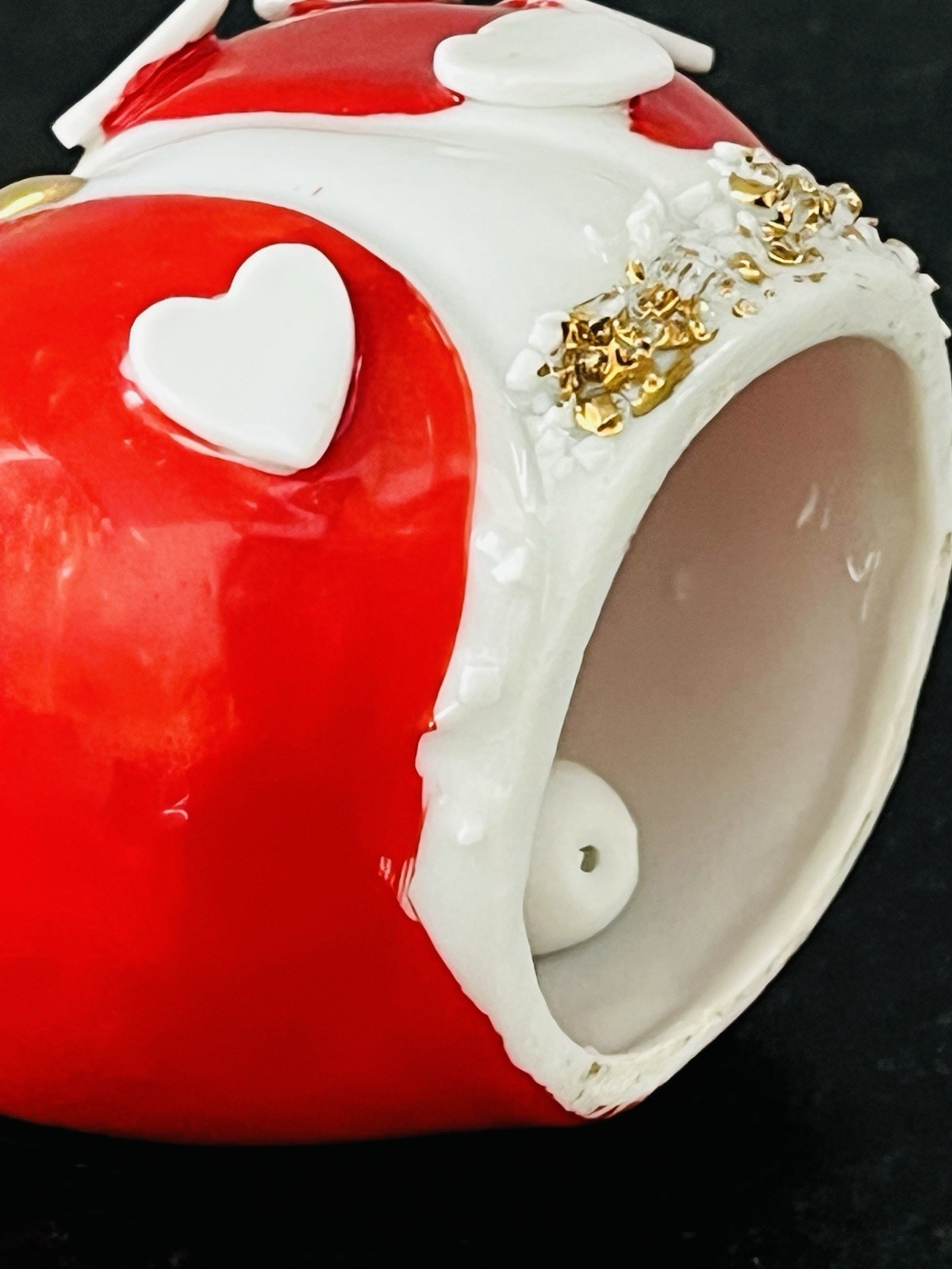 Vintage Lefton Valentine Ceramic Girl Bell Figurine Red Hearts Spaghetti Trim 4″