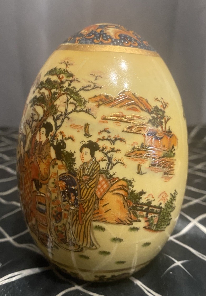 Vintage Chinese Ceramic Eggs Large 5×3″ Festive Hand Painted