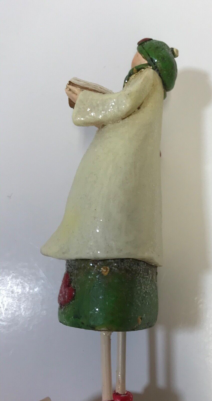 Caroler Figurine White Coat Green Scarf and Hat Red Shoes Song Book