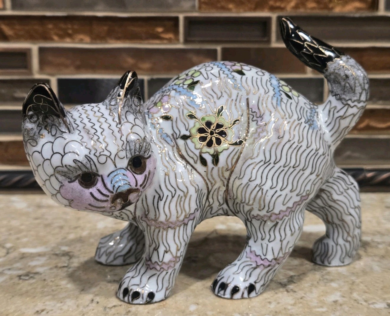 Vintage White Cloisonne Cat Kitten Copper Brass Enamel Figurine Statue 4″