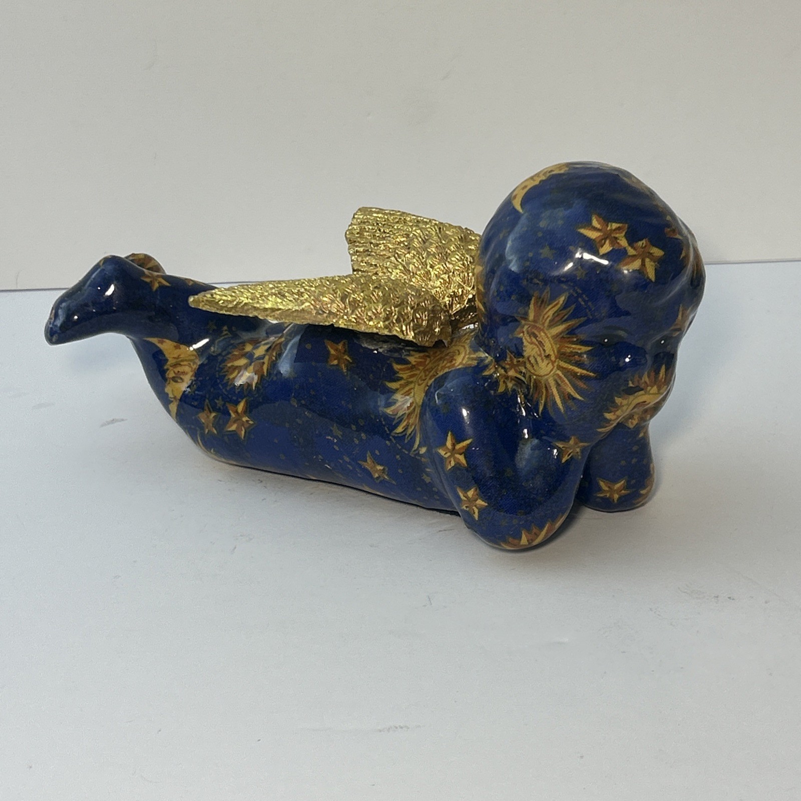 Rare Vintage Joann Baker Celestial Cherub Angel Sun/Moon Gold Wings 9″ Blue/Gold