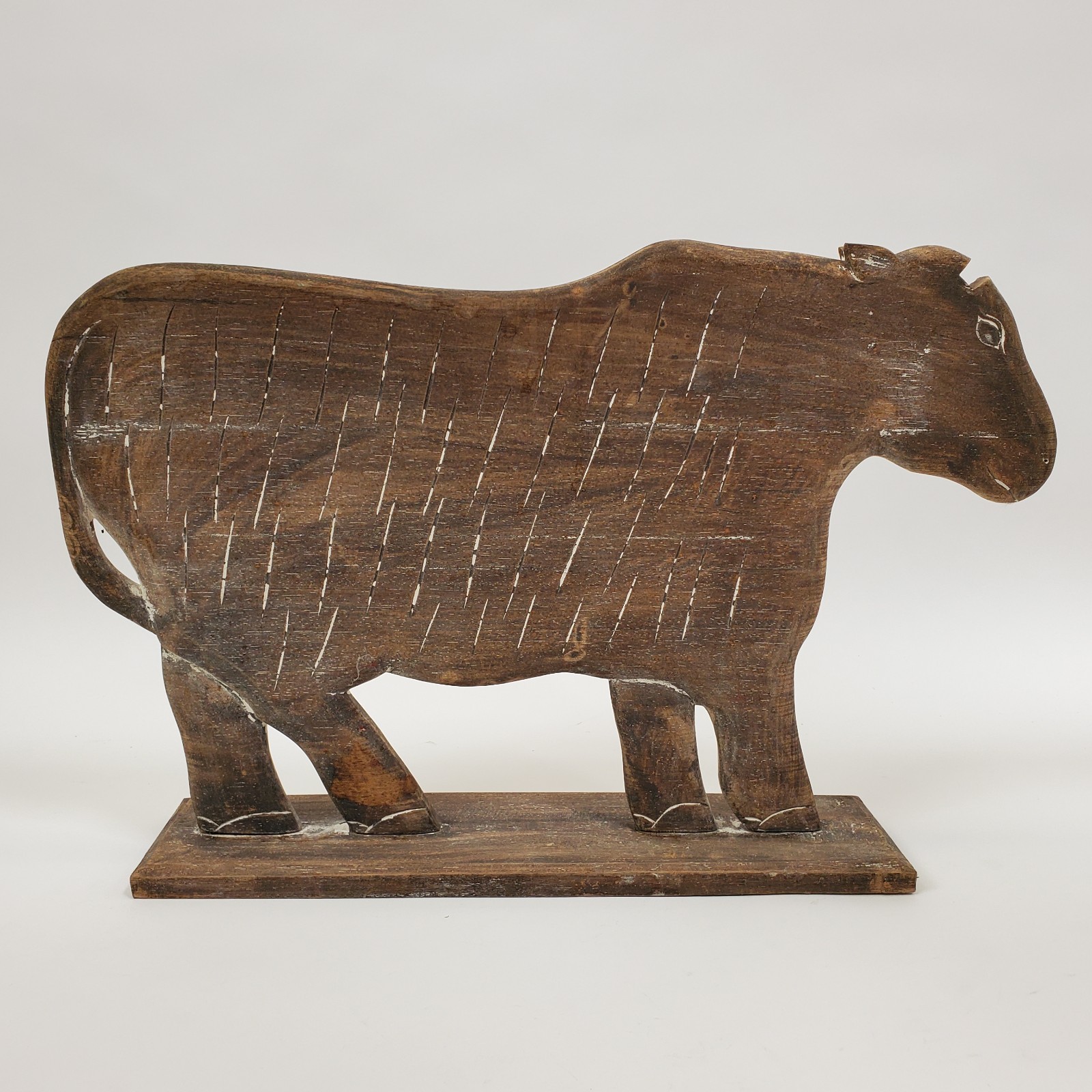 Rustic Folk Art Wooden Cow Sculpture Carved Farm Decor Primitive Statue 24in