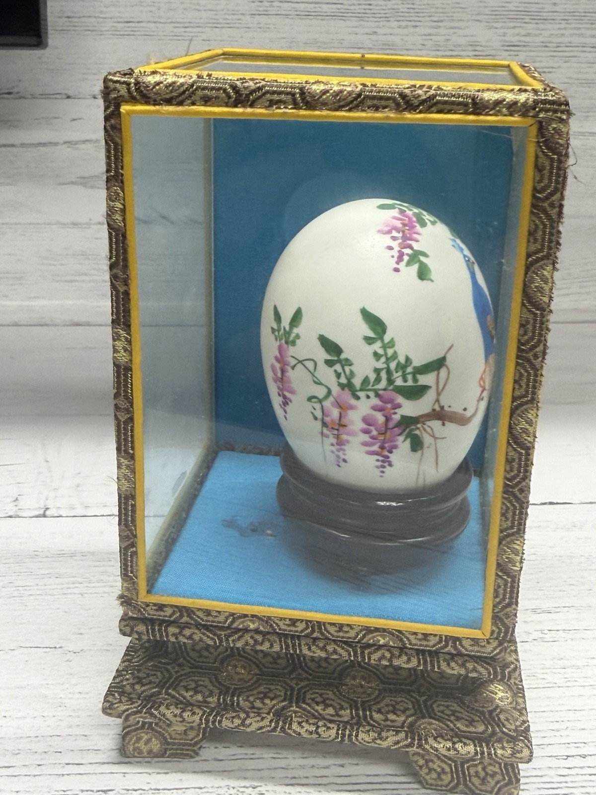 Vintage Hand Painted Egg – Peacock – Birds and Flowers With Display Case