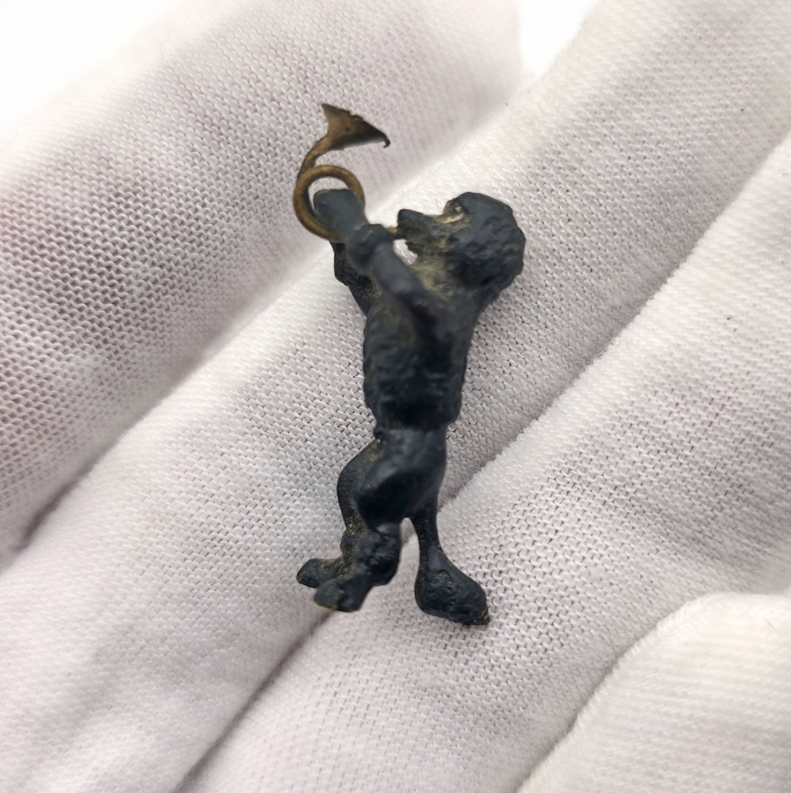 Antique Miniature Vienna Bronze anthropomorphic Poodle Dog Figurine French Horn
