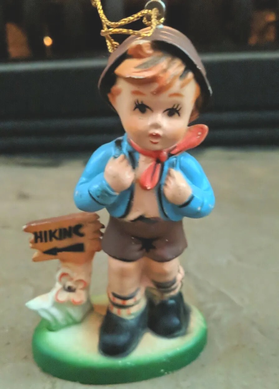 Vintage Ornament Lot Set of 4 Girl At Bus Stop Geese Mailbox & Boy Ornaments