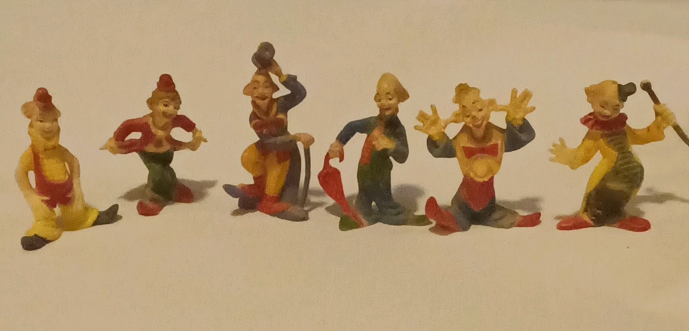 Vintage Lot of 6 Plastic Circus Clowns Figurines Mid Century Toy Cake Toppers