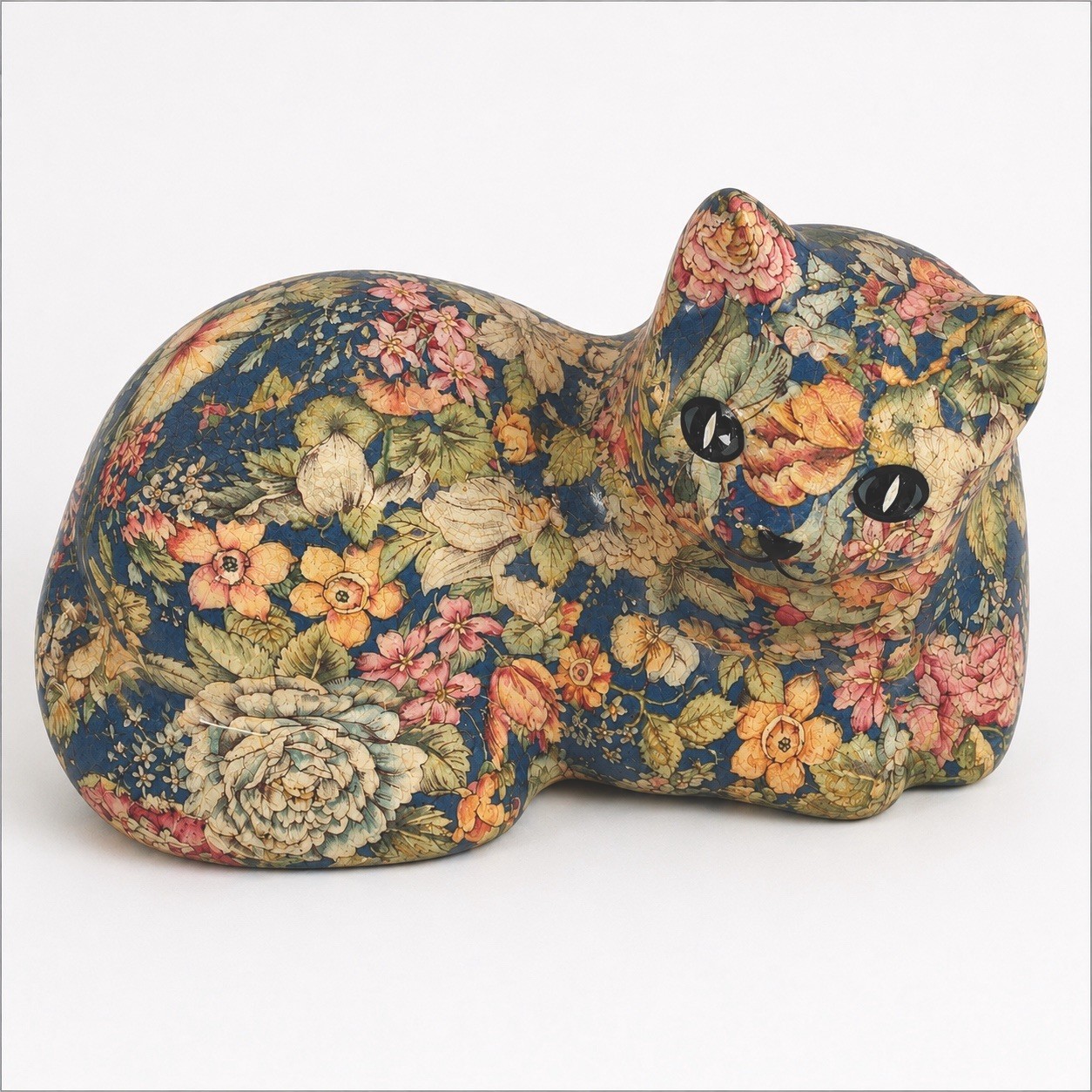 Vintage Papier Mache Cat Figurine Floral Decoupage Cottagecore Victorian Decor