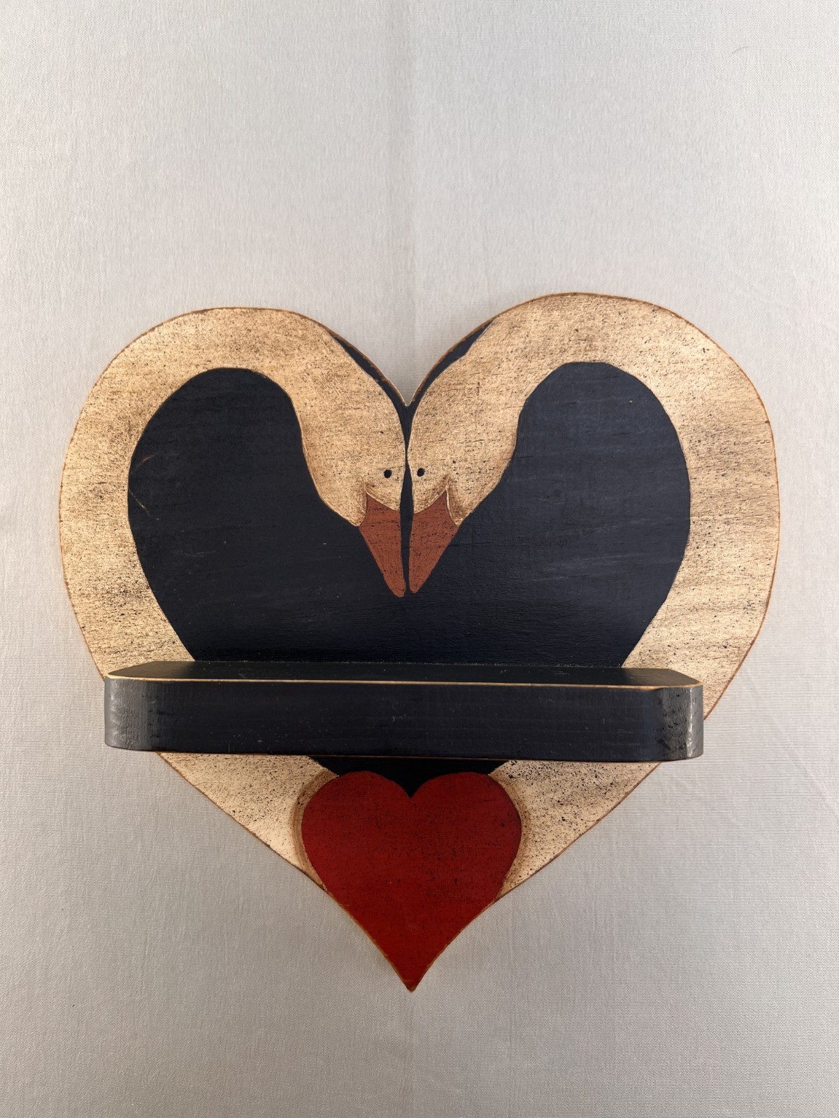 Handmade Folk Art Swan Heart Wall Shelf Wooden Country Decor 1990s