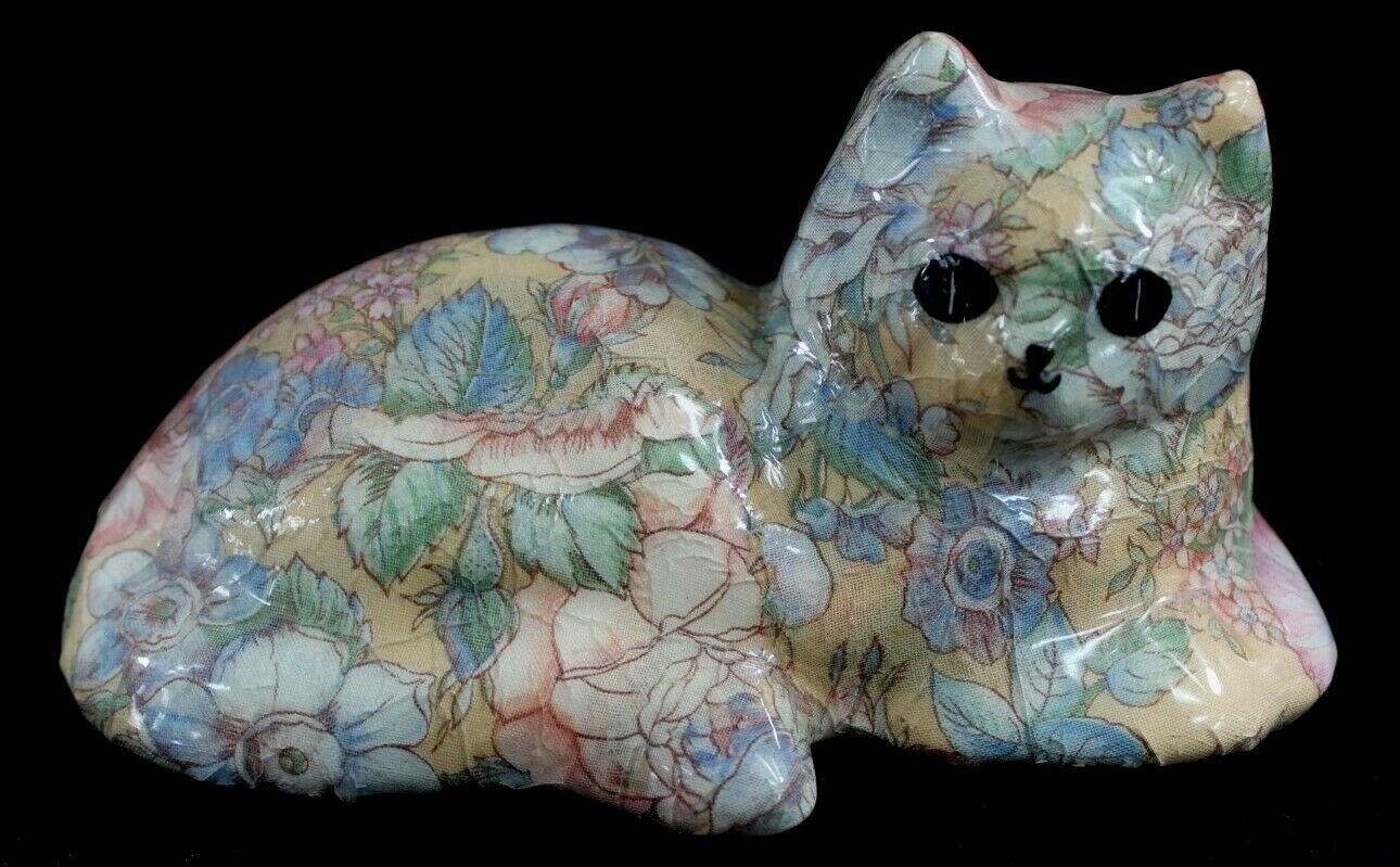 Vintage Floral Decoupage Patchwork Porcelain Cat Figurine by Joan Baker Designs