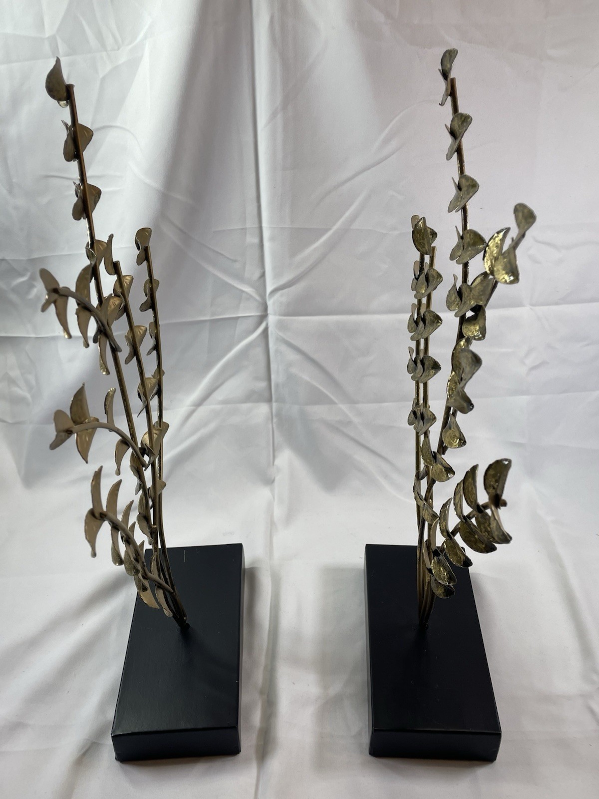 Pair of Gold Metal Leaf Sculptures Freestanding Modern on Black Base