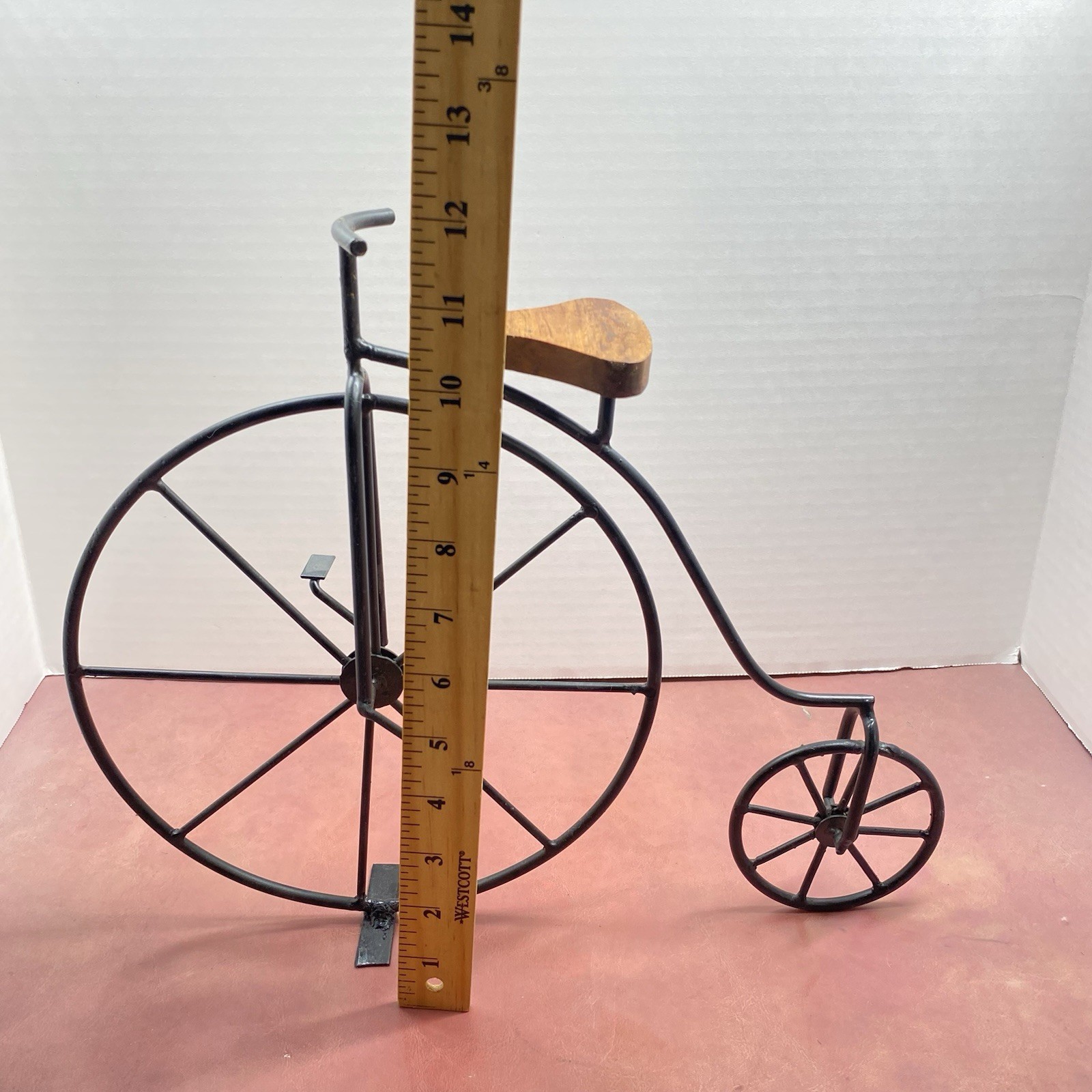 Vtg Style 12″ Penny Farthing Bicycle Metal Sculpture Wooden Seat Freestanding