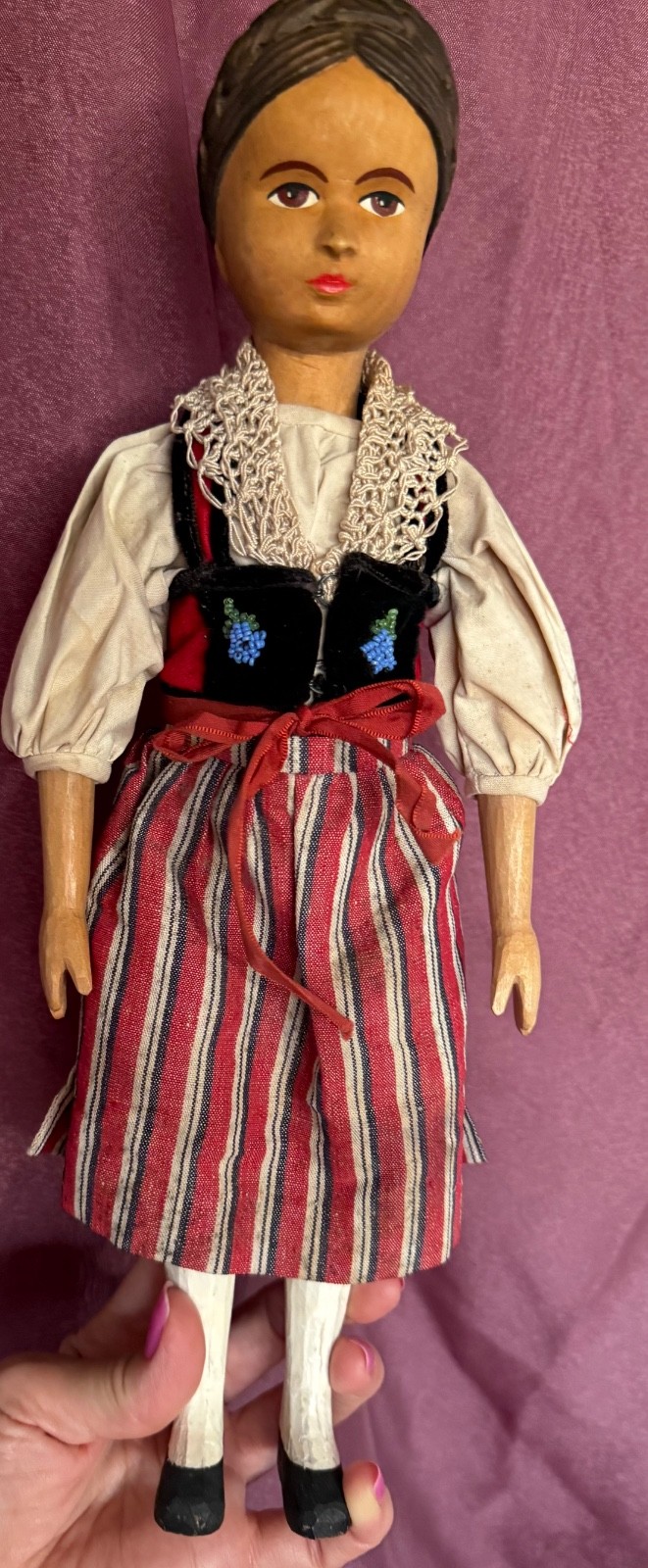 Vintage Swiss Hand Carved Wooden Girl Doll Head Cloth Body Hand made Costume