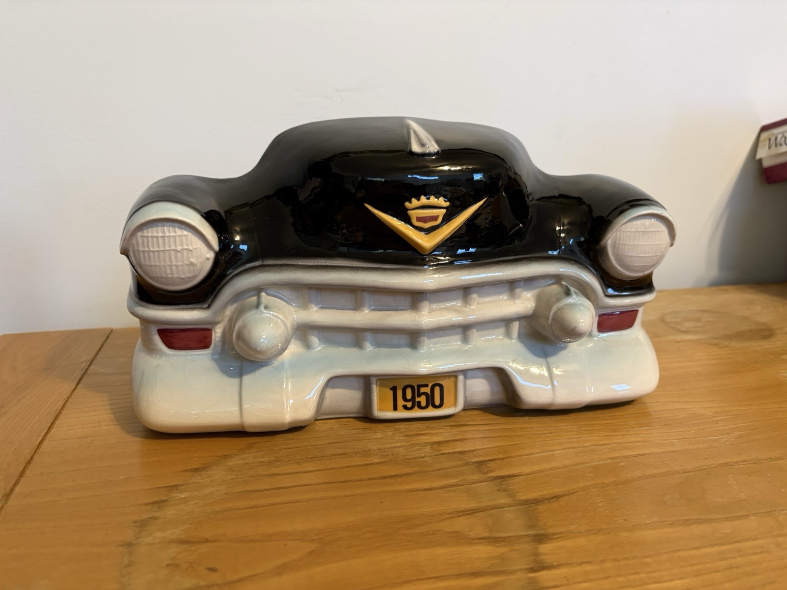 Vintage 1950s Ceramic Car Front Figurine Glossy Black/White w/Gold Red