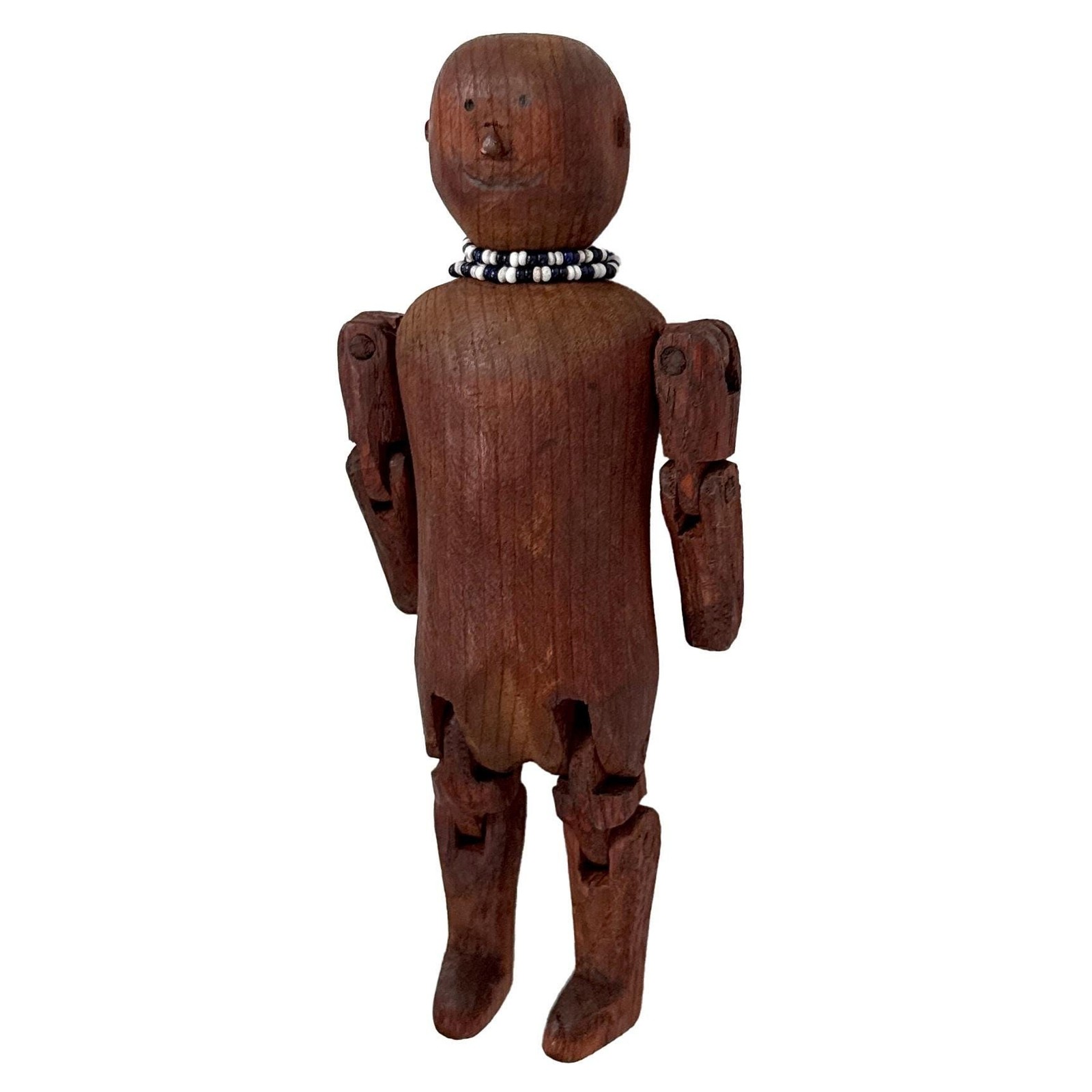 Vtg 50s Folk Art Carved Articulating Wood Doll Jointed Man w/ Beaded Necklace
