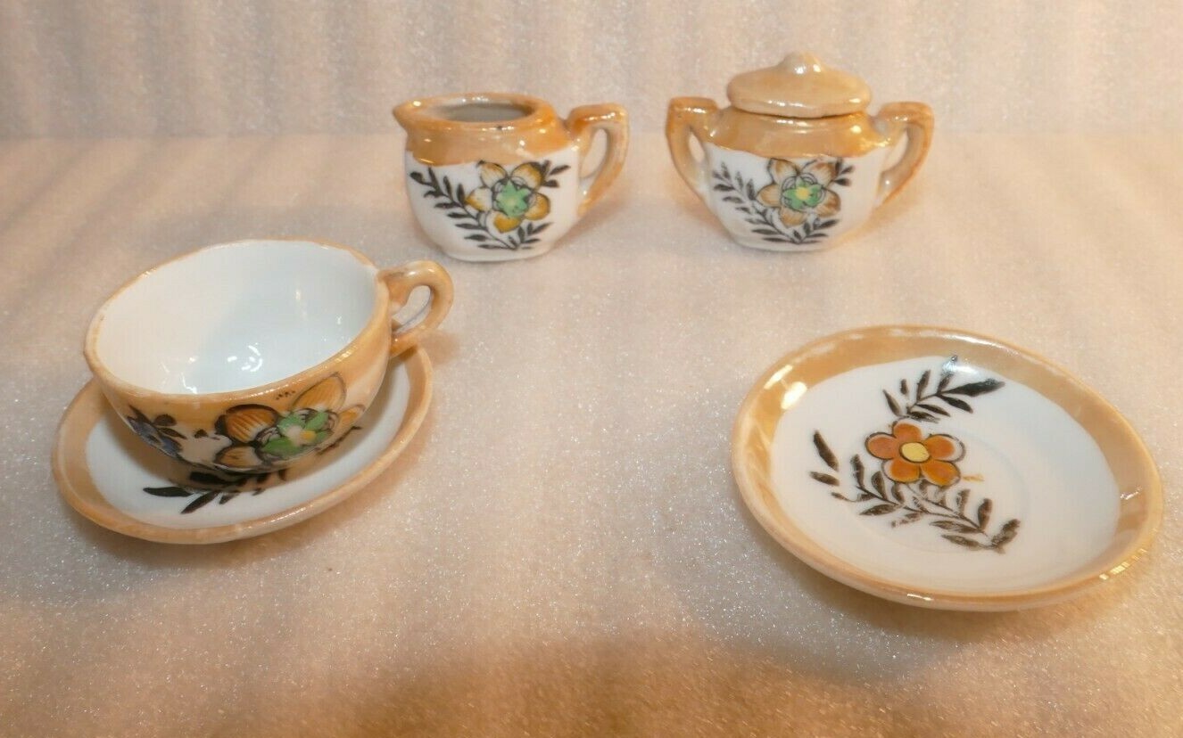 Vintage miniature porcelain tea set Japan Brown Orange black floral 6 pc