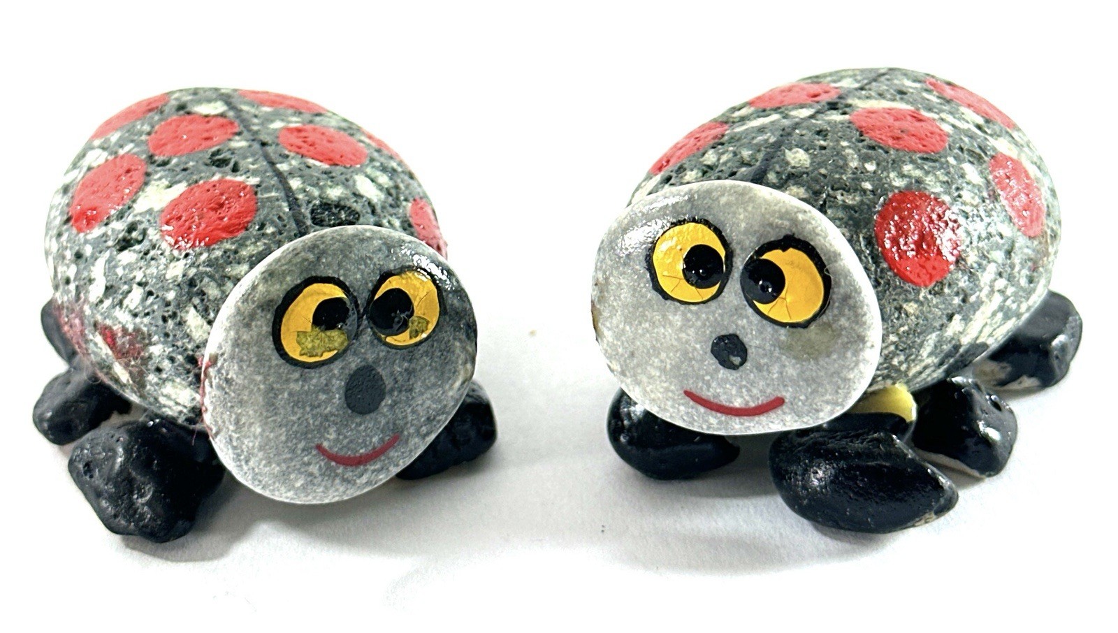 Hand Painted Stone Ladybug Figurines Set of 2 Folk Art Garden Decor 2”