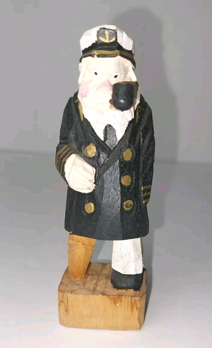 Nautical Sea Captain Hand Carved Painted Wood Sailor Folk Art Figure 4″ H Vtg