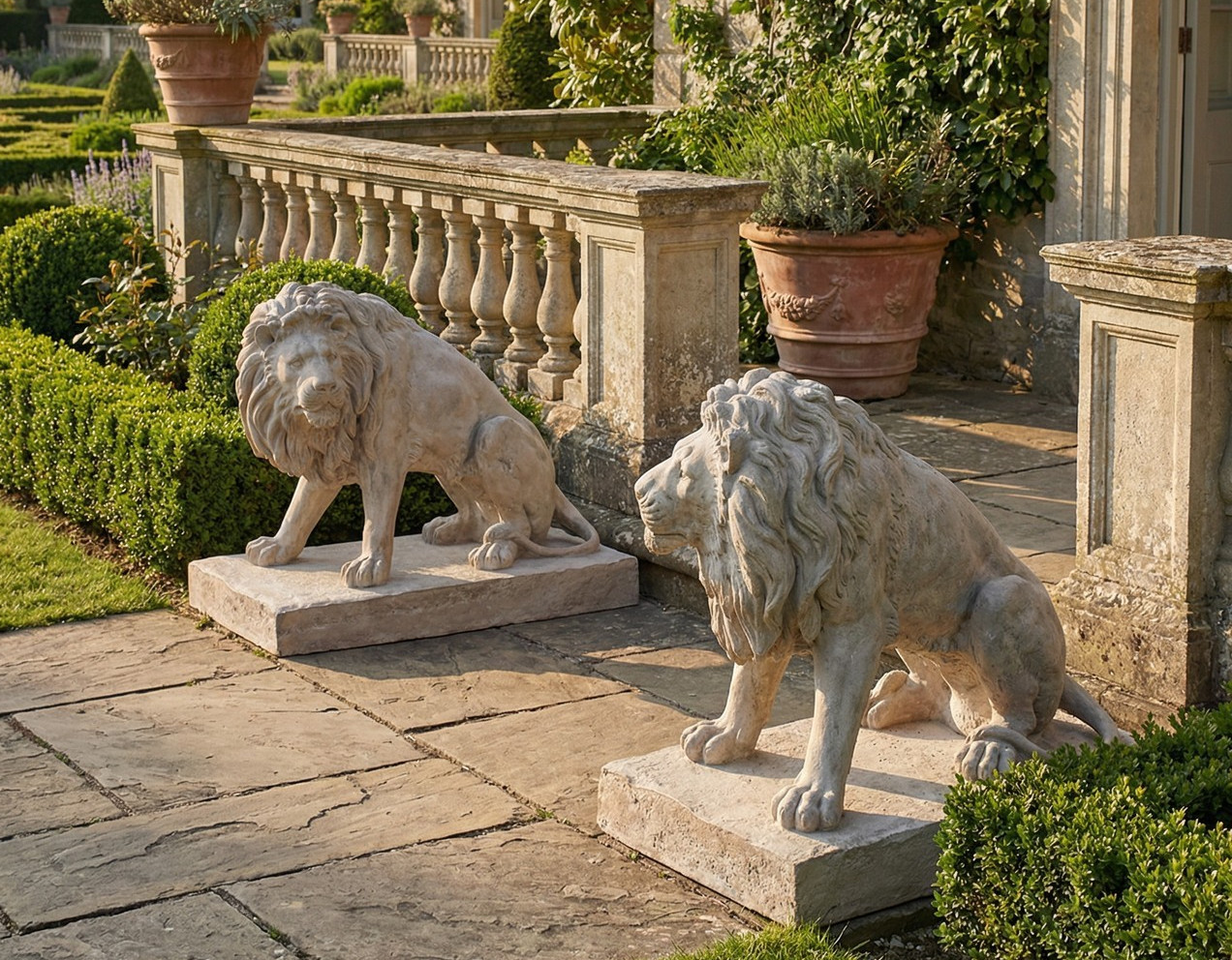 Stunning Pair of Entry Lions in Rough Stone Statues-52” x 40”H