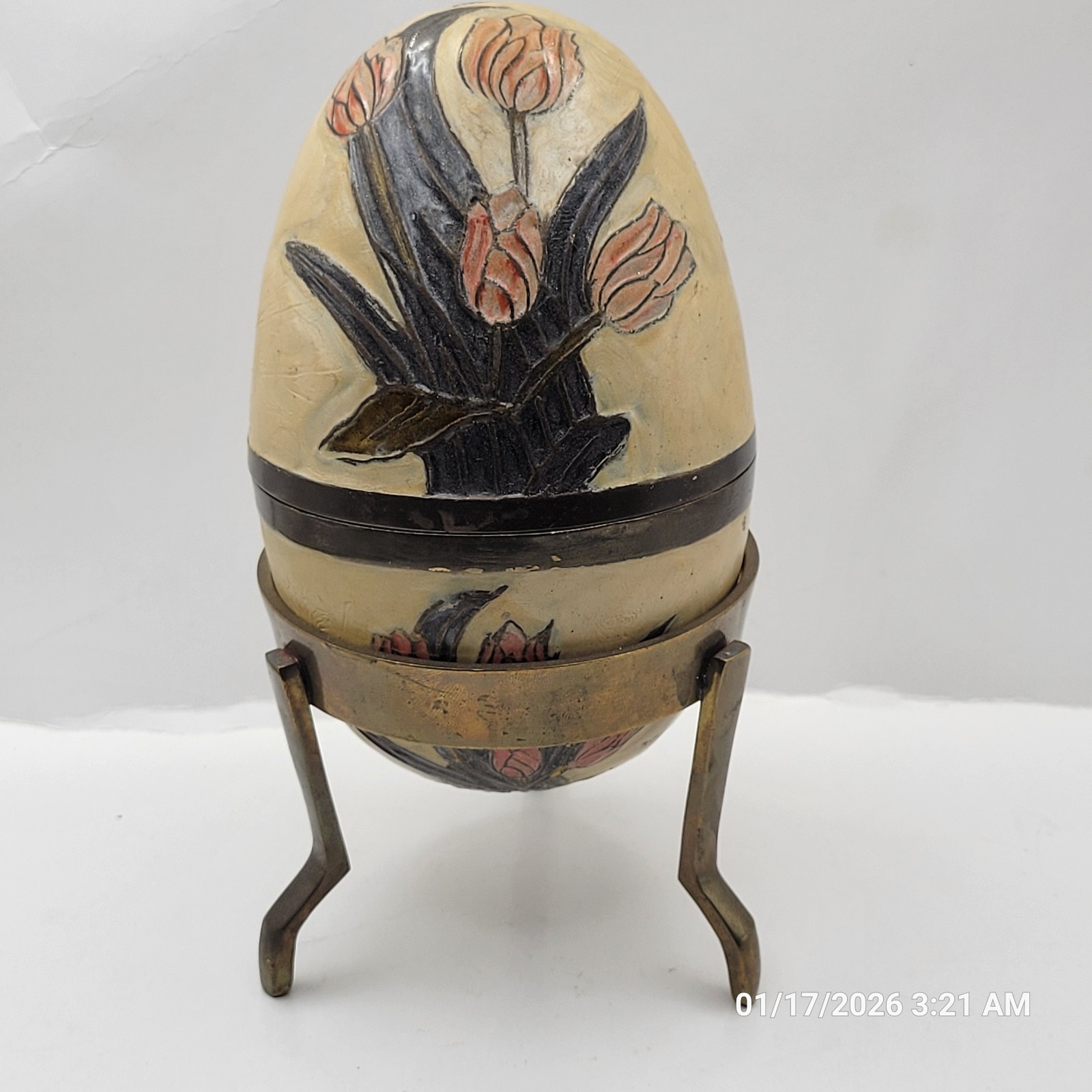 Hand Enamel Solid Brass Cloisonne Egg Trinket Box w/ Stand Made in India Signed
