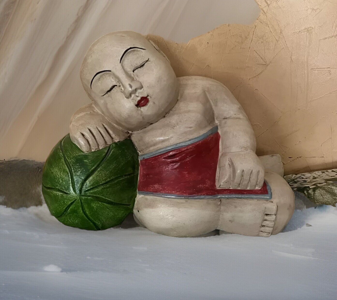CARVED SLEEPING CHILD BUDDHA ON WATERMELON ASIAN GOOD LUCK FIGURINE THAILAND VTG