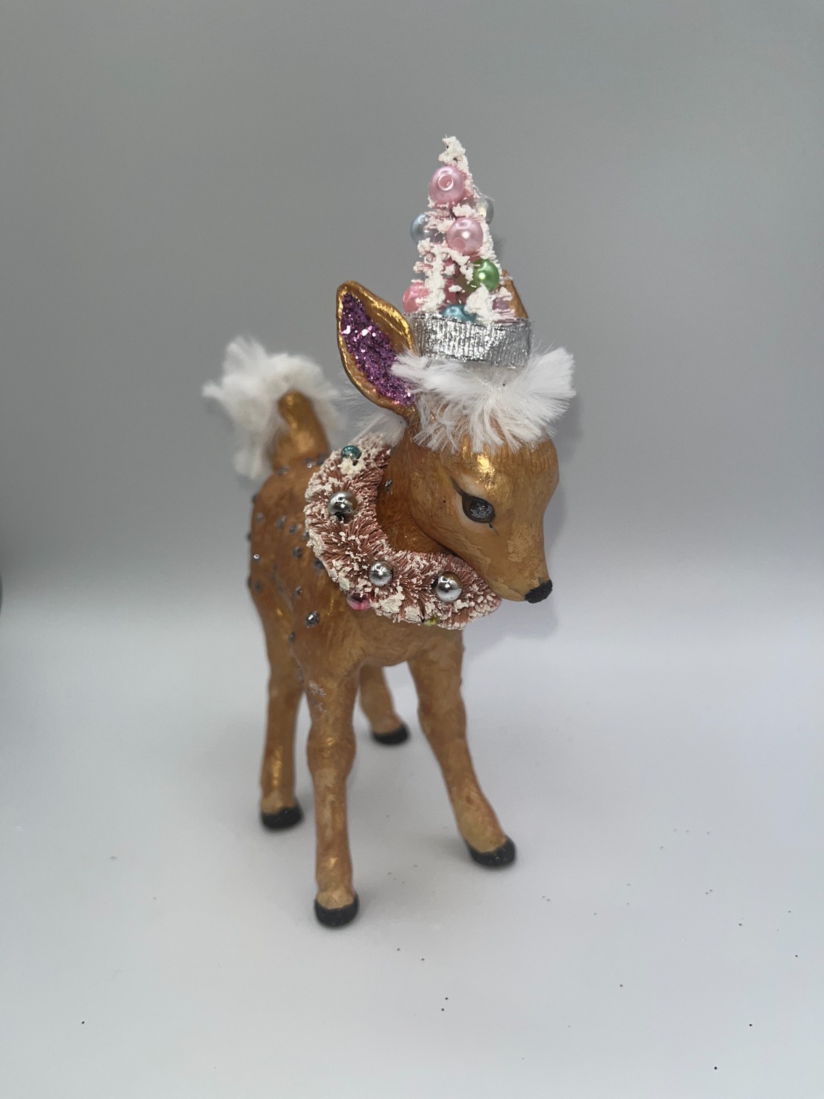 Vintage Pink Christmas TALL Bambi Deer Fawn Doe Long Legs Tree Hat Pink Wreath