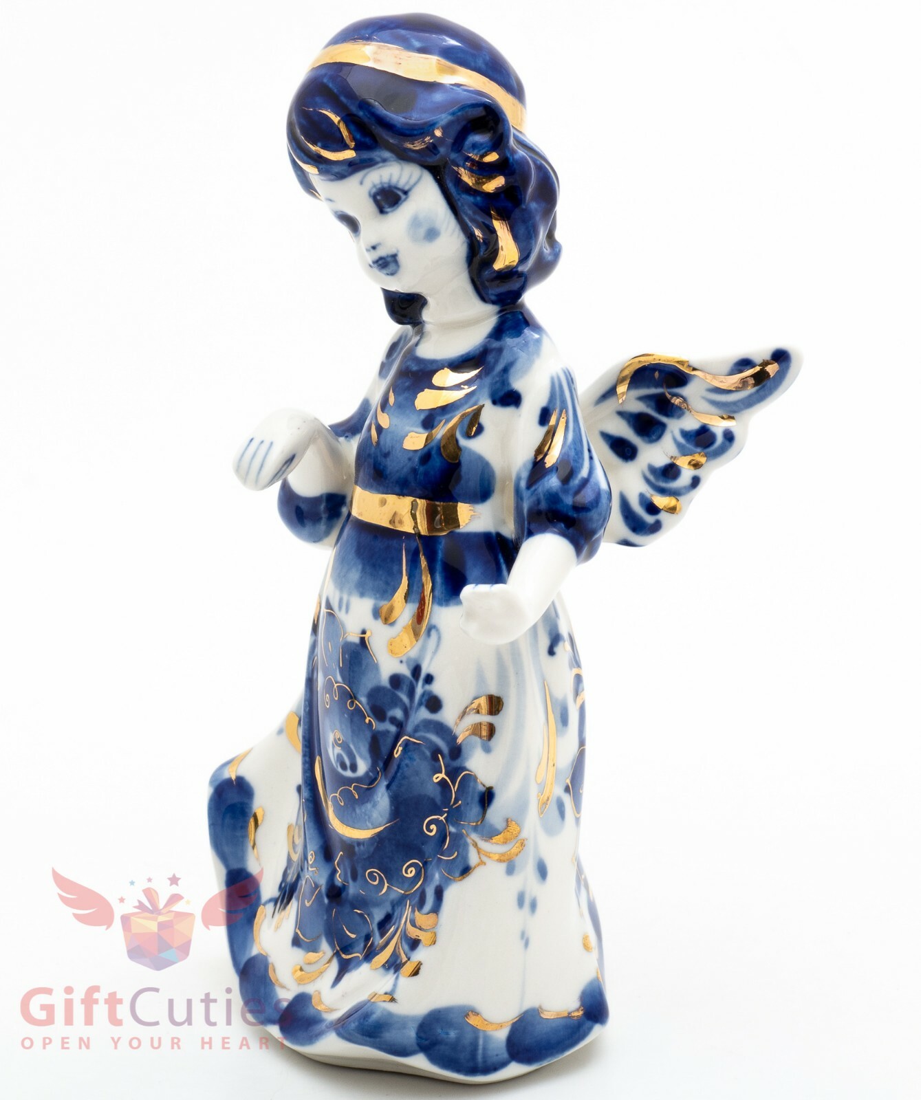 Porcelain Gzhel HandMade Figurine of Beautiful Angel girl in gold