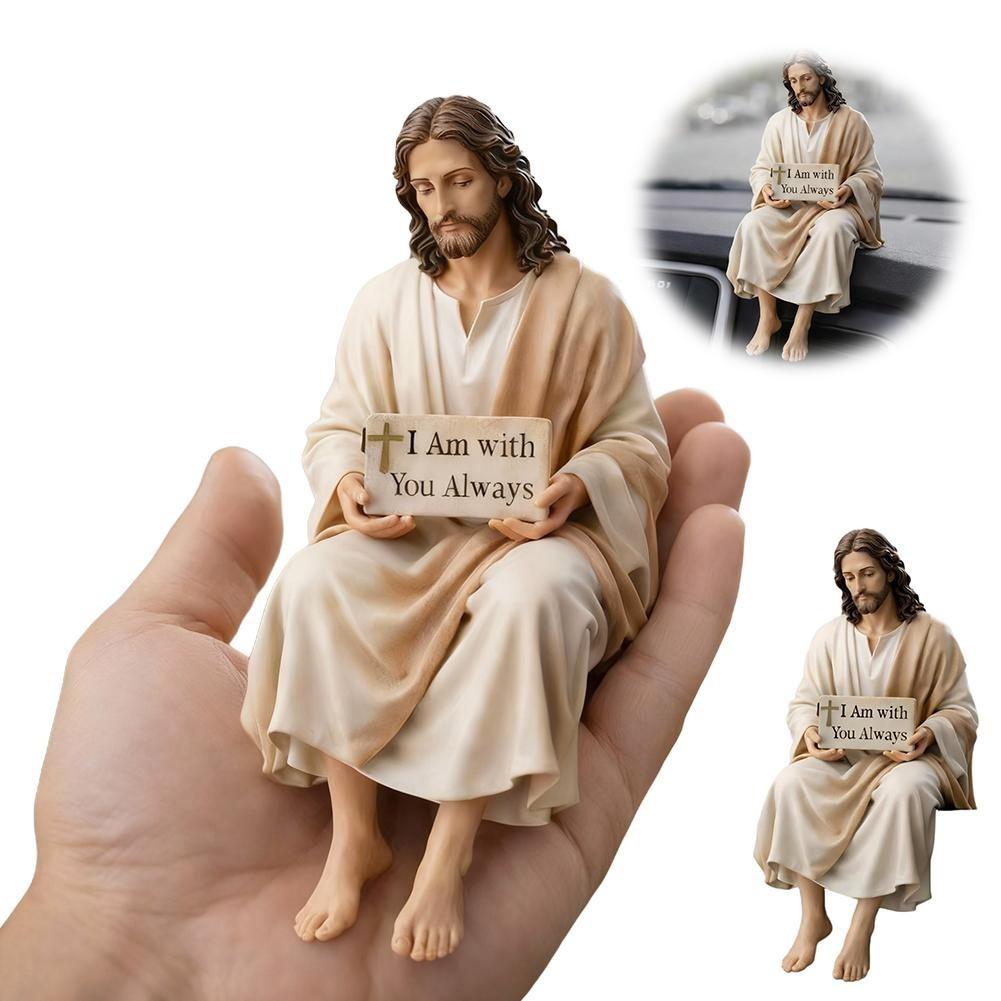 Jesus-Resin Desk Figurine with“I Am with You Always”Sign Handmade Sitting Statue