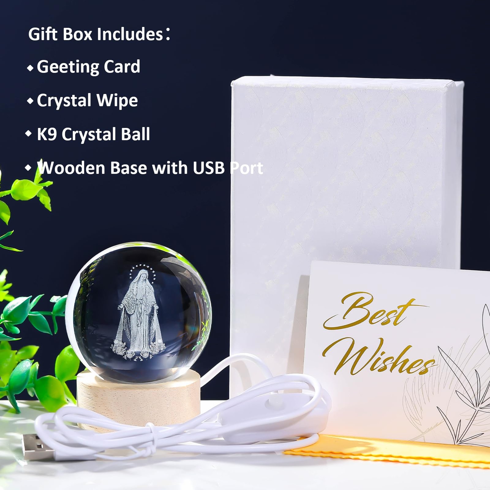 3D Crystal Virgin Mary Statue Figurine W Wooden Base, Laser Etched Crystal