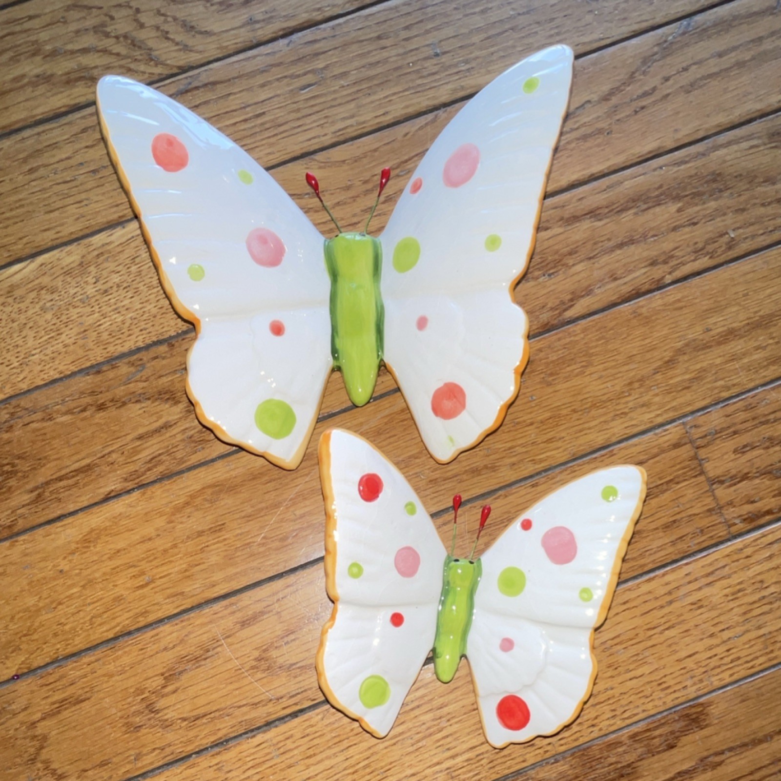 Ceramic Butterfly Figurines Set of 2 Painted Polka Dot White Red Green Orange
