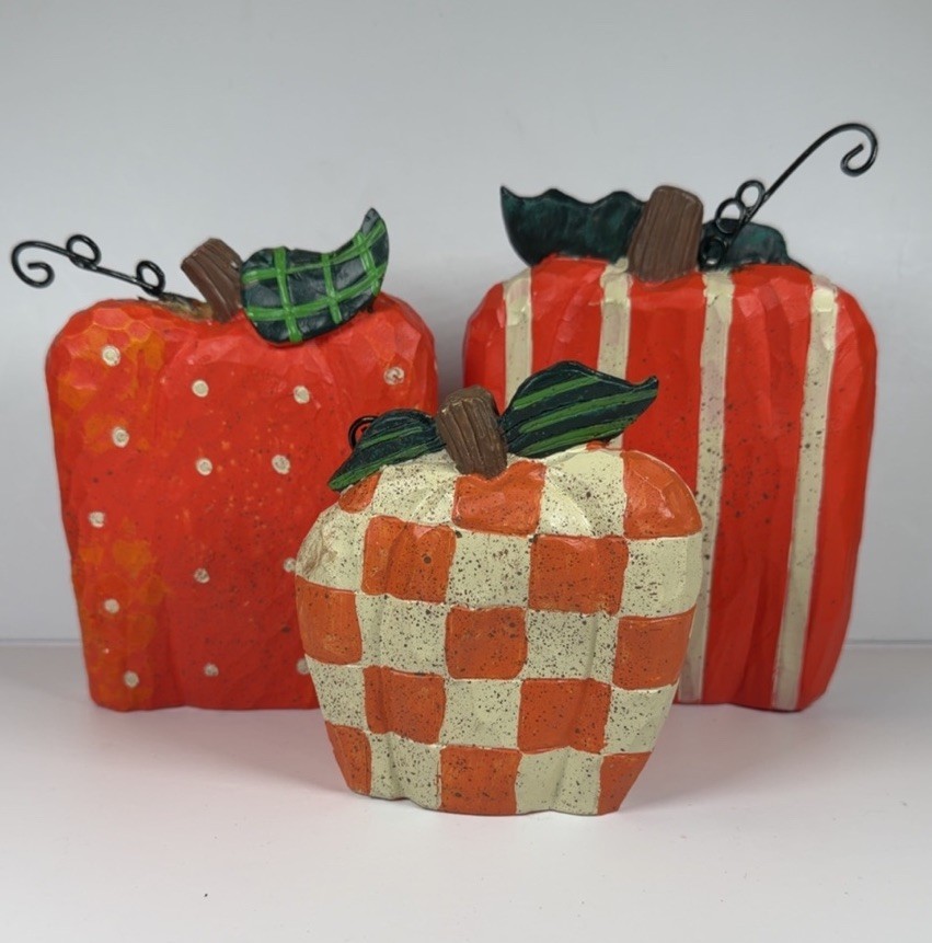 Resin Pumpkin Figurines Set of 3 Checkered Orange White Green