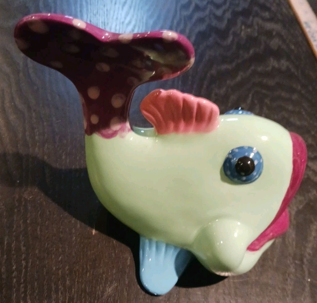 Ceramic Multi Colored Open Mouth Fish Figurine Signed Cute Sponge Or Soap Holder
