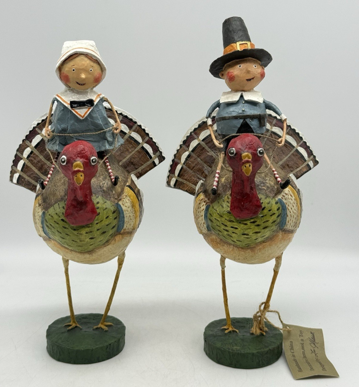 Lori Mitchell Tom & Goodie Riding Turkey Gobblers Thanksgiving Pilgrim Figurines