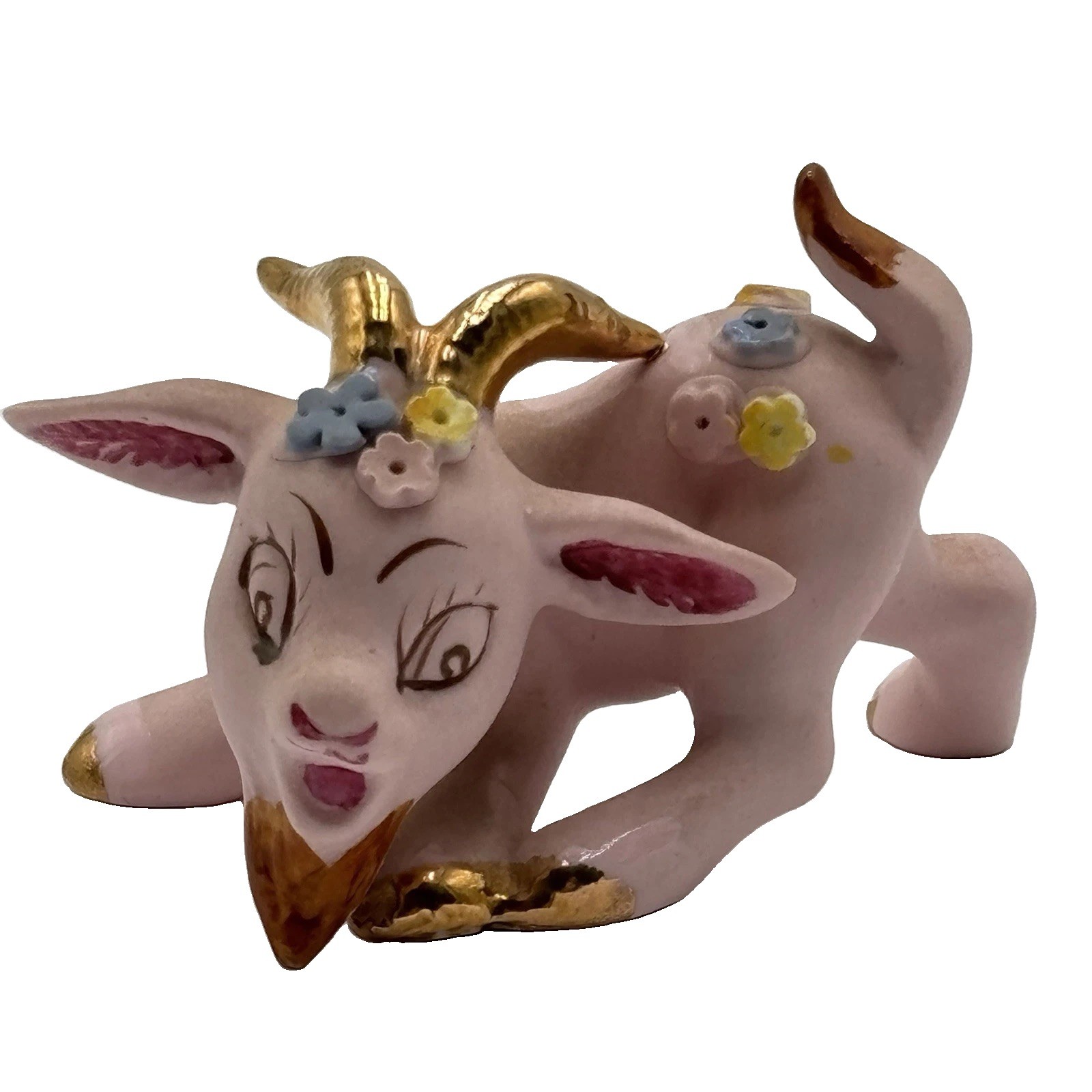 Vtg Parksmith Original Pink Bisque Billy Goat Figurine Mini Flowers Gold 1950s