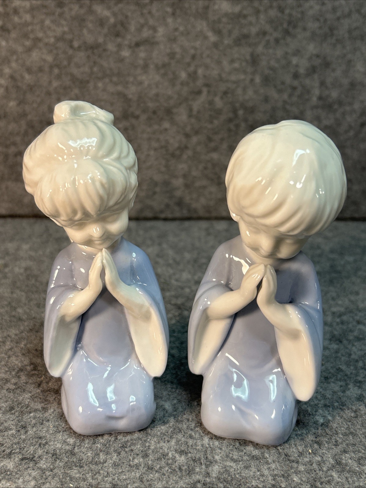 LEFTON Pair Praying Boy Girl Blue White Porcelain Figurines 4” Tall