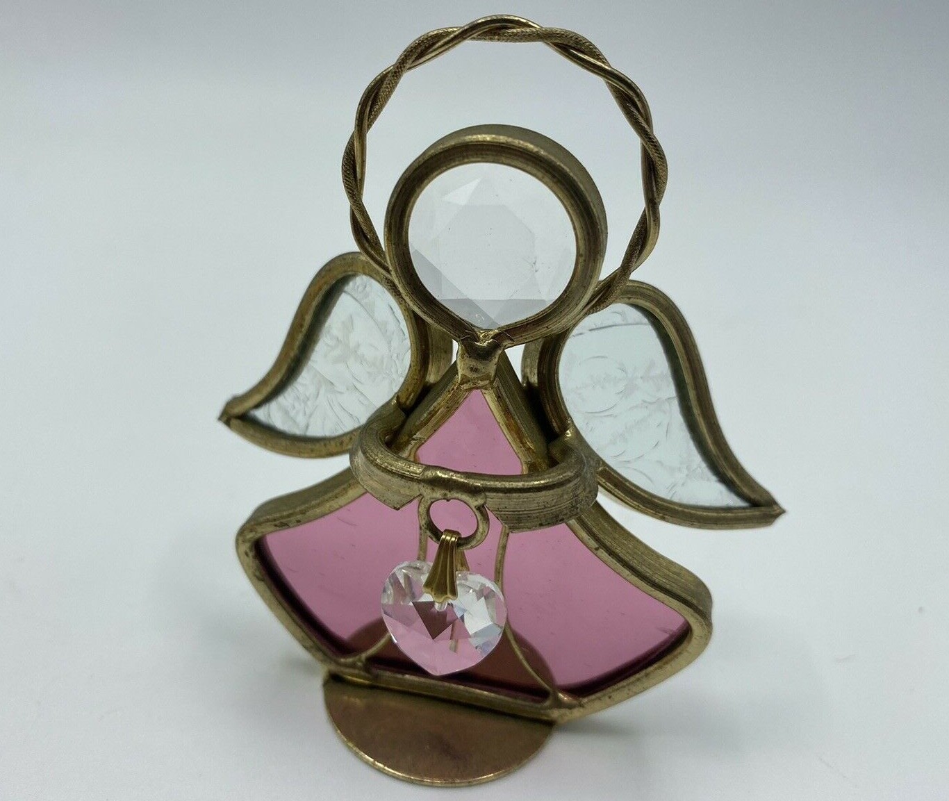Vtg Stained Pink Clear Glass Metal Angel Figurine Ornament w/Heart 3 1/8″ Tall