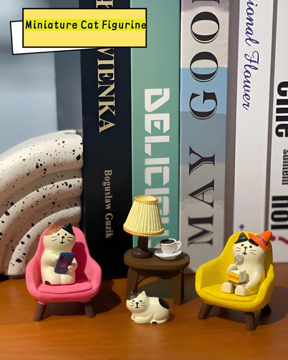 Miniature Cat Figurines Set â€“ 6-Piece Resin Desk Decor with Sofa & Lamp, Cute