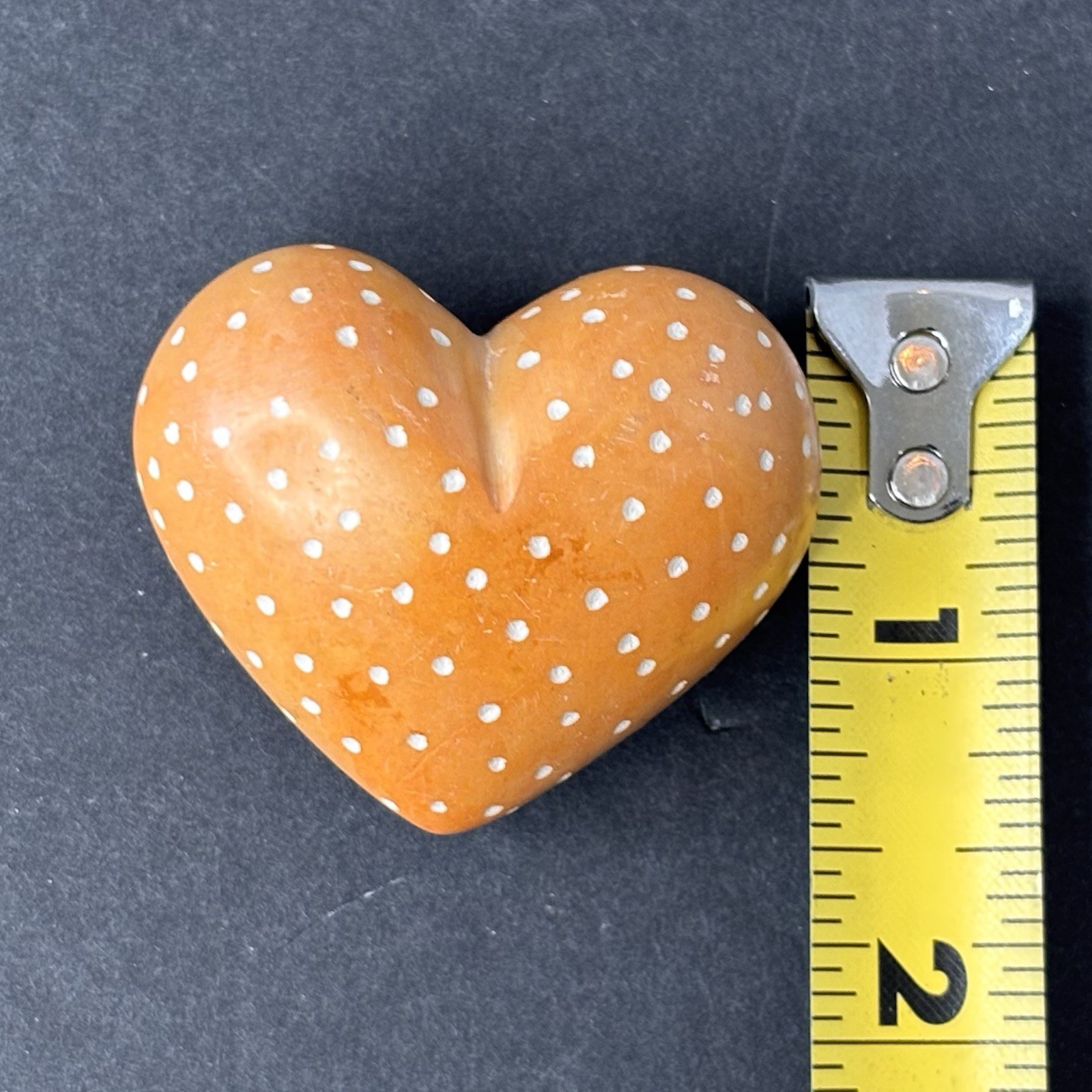 Solid Orange Hand Carved and Painted White Polka Dots Soapstone Heart (2 in)