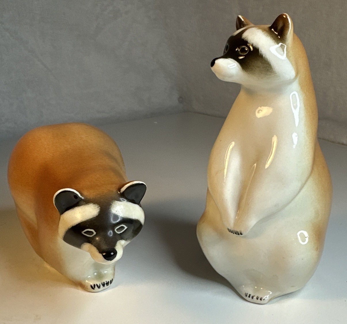 Vintage Lomonosov Racoon Figurines Made In USSR Set Of 2 Porcelain