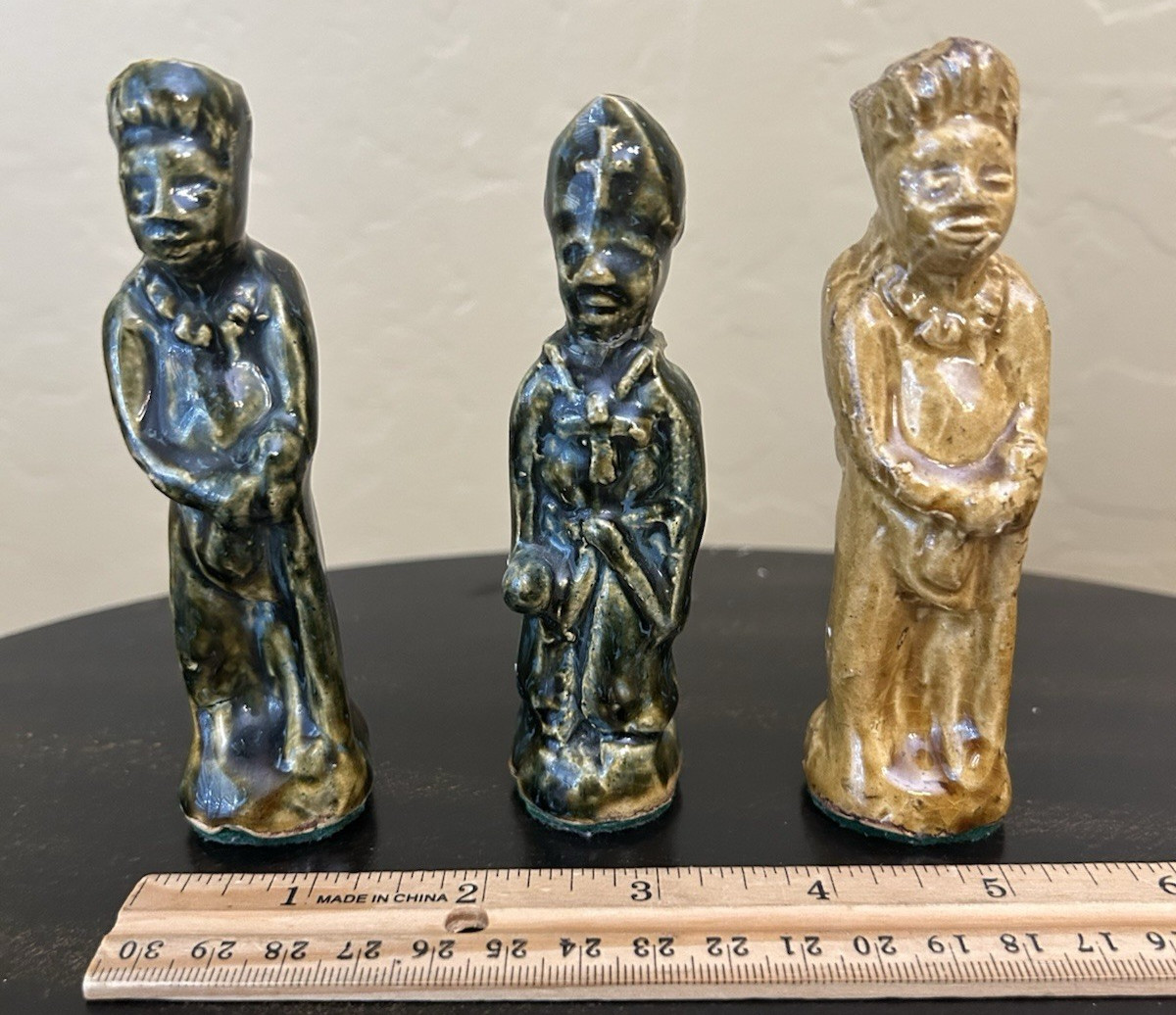 3 Lot Glazed Ceramic Figurines, Religious Figure, Made in South Africa, Chess ?